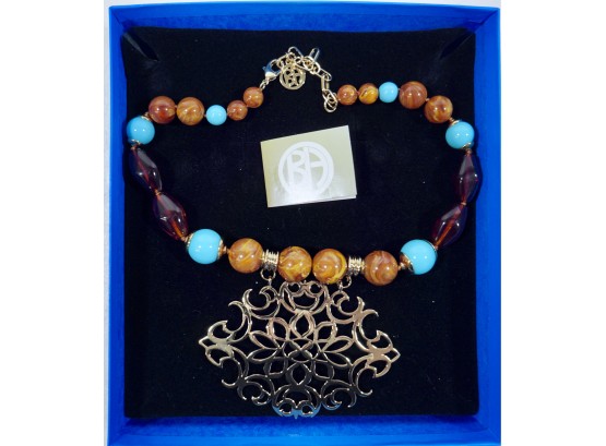 Ben-amun Brass, Glass, Agate, Turquoise Necklace Pendant 4 1/2'