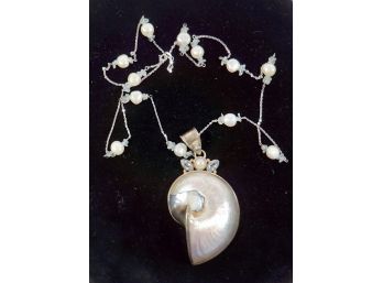 Studio Sterling Seashell W/pearls & Seaglass Necklace 34'
