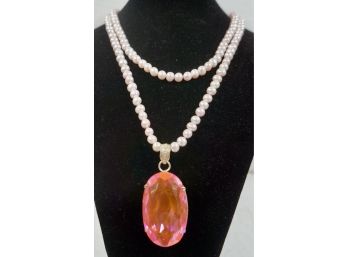 Hermosa Crystal Pink Sterling Pendant 2 1/4' W/pink Pearls By Luc 18'