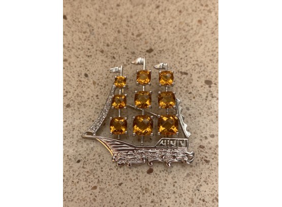 14k White Gold & Citrine Ship Brooch / Pendant....6