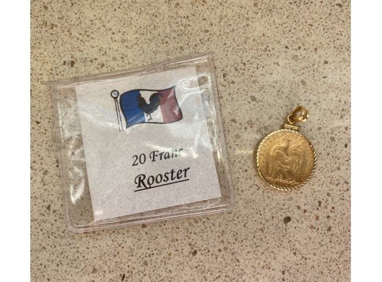 14k Yellow Gold 20 Franc Rooster Coin Pendant / Charm....10