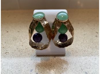 Hammered Silver And Multi Gem Stone Pierced Earrings....31