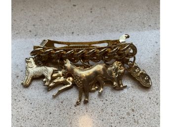 Vintage Kirks Folly Signed Yellow Gold Tone Barrette With Dangling Dogs & Cats....33