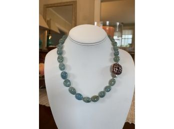 Nephrite Jade Blue/Green Bead Necklace With Sterling Silver Clasp & Orange Tourmaline Gem Stones....34
