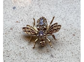 14k Yellow Gold Clear Topaz And Light Purple Tanzanite Bumble Bee Brooch....26
