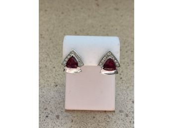 14K White Gold, Diamond & Deep Pink Amethyst Earrings With French Backs....18