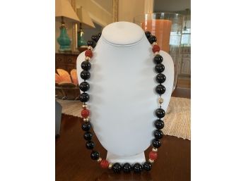 14K Yellow Gold, Onyx And Red Carved Bead Necklace....35