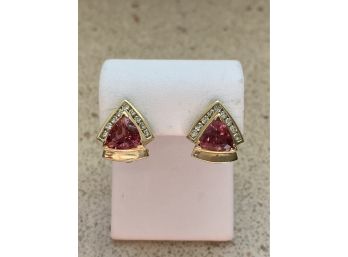 14k Yellow Gold, Diamond & Pink Amethyst Earrings With French Back....20