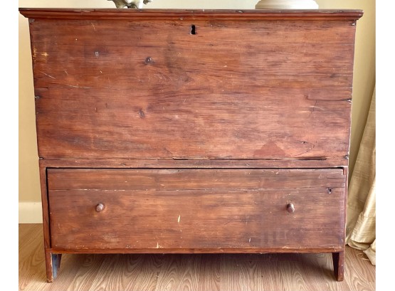 Antique Primitive Wood Blanket Chest 38' X 17' X 37' Circa 1800's Single Till Drawer Hinged Top Cut Nails