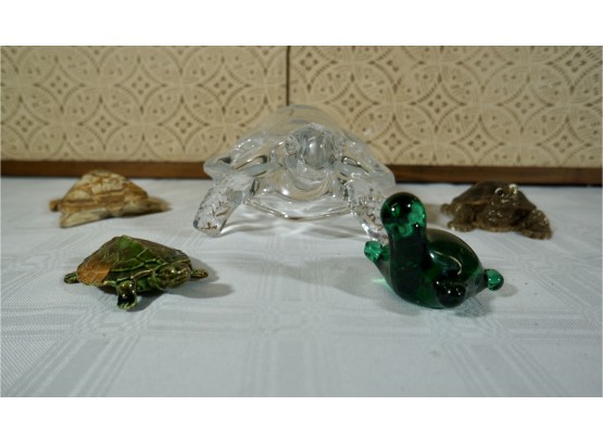 Ceramic & Glass  Turtle Paperweights Lot Of 5