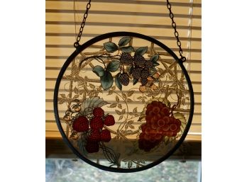 Round Stain Glass Fruit, Strawberries, & Grapes (signed Glassmasters) 8 1/2