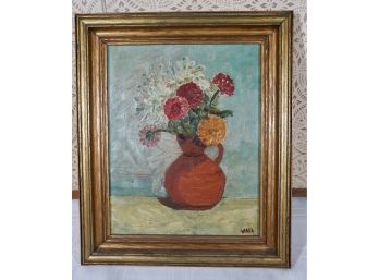 Framed Oil On Board Signed ' Wall' Floral
