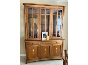 Stickley Lighted Hutch In Cherry Wood With Oak Inlaid Details, Glass Shelves And Cabinet Under. . . . K01