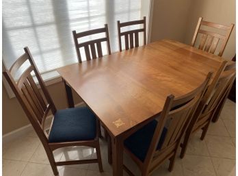 Beautiful Stickley Cherry Wood Dining Table With Oak Inlaid Wood Corner Details And 6 Chairs Plus 2 Leaves.k2