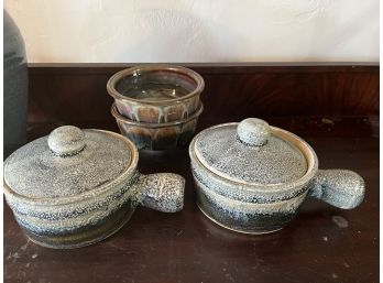 Four Pottery Bowls, Two With Covers (signed)