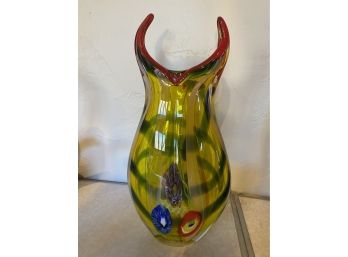Tall Handblown Yellow Multi Colored Art Glass Vase-k14