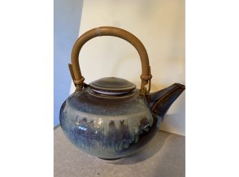 Signed Pottery Teapot With Bamboo Handle-k12