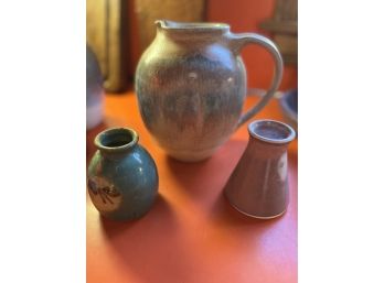Three Piece Pottery Collection, Jug And Two Vases -kt8