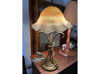 Heavy Vintage Iron Lamp With Iridescent Glass Flutter Shade-Lv3