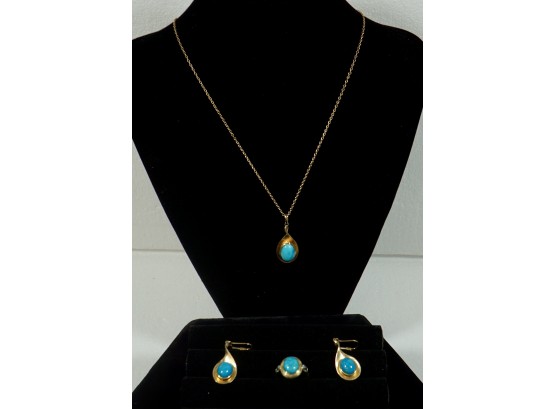 18k Over Brass Plated Earrings, Necklace, Ring Set