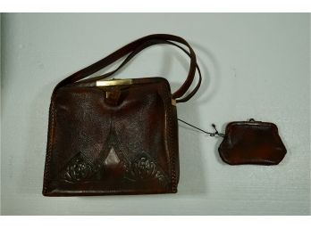 Vintage Meeker Hand Tooled Genuine Steer Hide W/ Attached Coin Purse 7 1/4' X 7 12'