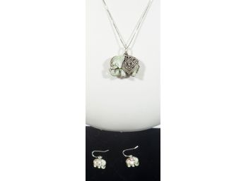 Sterling , Enamel , Malachite Elephant Necklace And Earrings