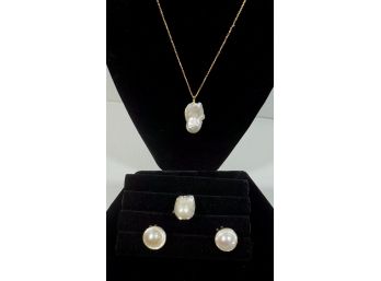 Sterling Pearl Ring, Earrings, 16' Necklace