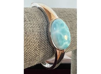 Silver Hinged Bangle Bracelet With Blue Stone Safety Clasp 22.53 Gram Weight