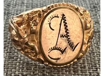 Vintage  Gold Monogrammed 'A' Initial Signet Theater Ring Drama Faces On Either Side Of Band 6.92 Grams