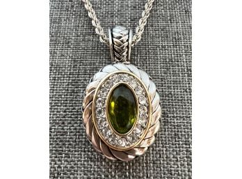 Faux Emerald And Rhinestone Magnetic Clasp Pendant With Silver Plate Rope Chain 13' Drop 26' Around
