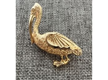 Gold Etched Pelican Brooch Pin Diamond Cut For Shine 1.5'