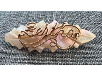 Antique Mother Of Pearl Abalone Shell Carved Leaf Name Pin - 'bERTHA' 2.25' Across
