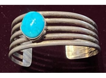 Sterling Silver Cuff Bracelet With Turquoise Stone Southwestern Unmarked 33.44 Gram Weight