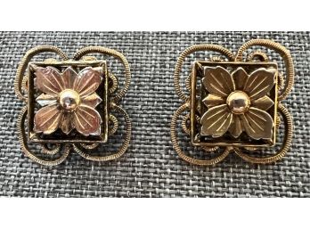 Vintage Whiting And Davis Clip On Earrings Square Floral - .5' Around On Each Side