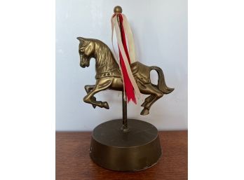 Vintage Sankyo Solid Brass Music Box Carousel Horse On Pole With Ribbons Plays Chariots Of Fire 8' Tall WORKS