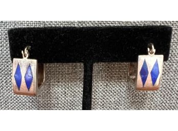Sterling Silver Square Hoop Wire Earrings With Blue Stone Diamond Inlays 3/4' Tall X  .5' Wide8.89 Gram Weight