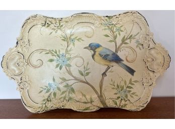 Painted Tin Tray With Feet Bird On Branch Scrolled Edging 18' X 11'