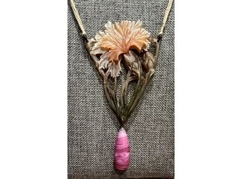 Antique Signed Elizabeth Bonte French Nouveau Carved Horn Floral Pendant Necklace W/ Pink Stone Drop Stone 16'