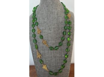 Vintage Green Glass Bead Long Necklace With Fancy Gold Accents - 42' Length (21' Drop)
