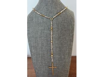 Lucky Brand Two-Toned Silver & Gold Bead Necklace With Smooth Gold Cross 18'