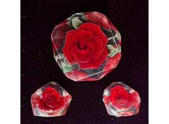 Vintage Clear Lucite Intaglio Red Flowers W/Leaves Screw Back Earrings & Pin Set - Pin 1.5'
