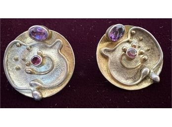 .925 Sterling Artsy Post Earrings Purple Amethyst Two Toned Silver 1' Across 10.68 Gram Weight