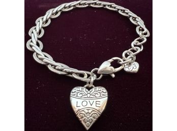 Brighton LOVE Two Sided Heart Silver Link Charm Bracelet Lobster Claw Clasp 8'