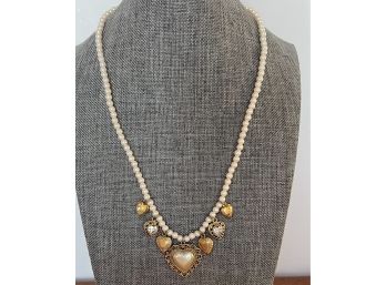 Vintage 1928 Pearl Necklace With Heart Charms