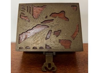 Chinese Asian Brass Overlay On Red Wood Box Detailed Carving Dragon With Maker Mark 5' X 4'