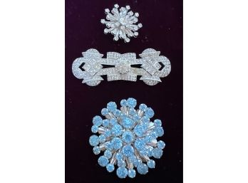 LOT (3) Vintage Brooches Pins Crystals & Rhinestones (1) Art Deco Style  (2)  Snowflake Starburst Designs