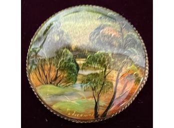 Vintage Signed Fedoskino Russian Hand Painted German Lace Silver Estate Brooch - Landscape Scene - 2' Diameter