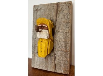 J. T. Dwyer Rockport Signed Folk Art Carved Wood Fisherman Yellow Slicker Hat & Pipe Wood Door Knocker