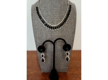 Stunning Vintage Black And White Rhinestone Choker Necklace With Matching Drop Earrings 15'