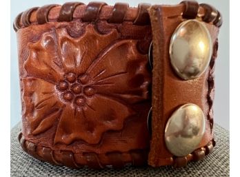 Designer Signed Hand Tooled Leather Wide Cuff Bracelet Snap Closure Floral Design